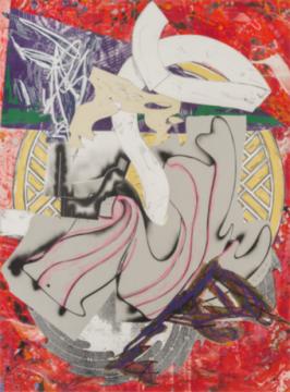 Frank Stella 
Ahab, 1985–88, from the series The Waves 
screen print, lithograph, linocut with hand-coloring, marbeling, collage on T. H. Saunders wove paper 
73 5/8 x 54 5/8 inches 
Gift of J. Peter and Barbara J. Gattermeir, 2002.32.1 
© Frank Stella/Artists Rights Society (ARS), New York 