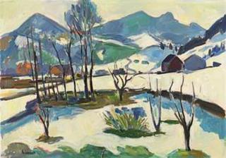 Carl Walter Liner  Ausblick aus dem Atelier | Winter, um 1960 - Öl auf Leinwand  Courtesy Galerie Iris Wazzau, Davos
