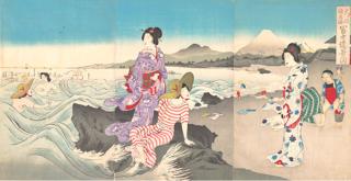 Utagawa Kokunimasa (Japanese, 1874–1944) | Swimming at Ōiso, Distant Views of Mount Fuji | JP3382a–c