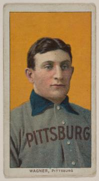 Issued by American Tobacco Company. Honus Wagner, Pittsburgh, National League, from the White Border series (T206) for the American Tobacco Company, 1909–11. Commercial lithograph; Sheet: 2 5/8 x 1 7/16 in. (6.7 x 3.7 cm). The Metropolitan Museum of Art, New York, The Jefferson R. Burdick Collection, Gift of Jefferson R. Burdick (63.350.246.206.378)