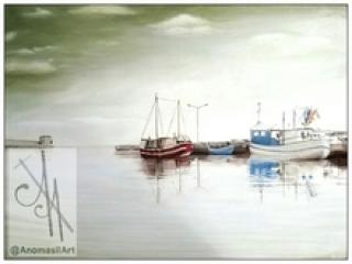 10016-shpsp - Oil Painting - Ships In A Bay