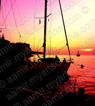 Sunset. Ships at Rovjni. Croatia