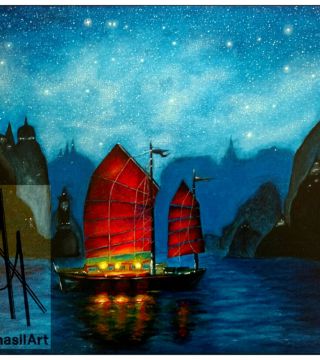 10009-bship - Oil Painting - Ships Under Stars