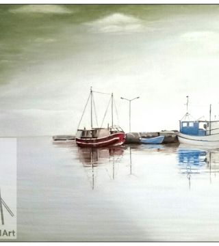 10016-shpsp - Oil Painting - Ships In A Bay