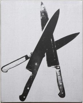 Andy Warhol, Knives, 1981, Synthetic polymer und silkscreen on canvas (fondo silver), 51 x 40,5 cm
