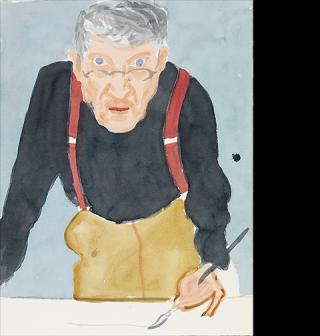 Self Portrait with Red Braces, 2003, David Hockney, watercolor on paper. 24 x 18 1/18 in. Courtesy of a private collection. © David Hockney. Photo credit: Richard Schmidt