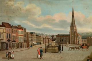 View of St Martin's Church Birmingham, from the Bull Ring, 1815-1835, japanned tray, Thomas Hollins.