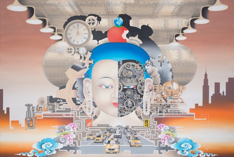 Rabkar Wangchuk, Spiritual Mind and Modern Technology,2013, Acrylic on canvas,  78” X 48”