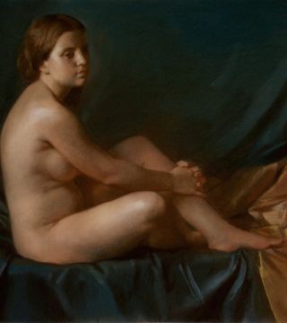 Nude on dark-blue